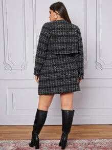 SHEIN Plus Plaid Pattern Tweed Jacket & Double Breasted Skirt - Black - View 2