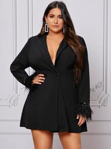 SHEIN Privé Plus Shawl Collar Fringe Trim Blazer Dress - Black - View 2