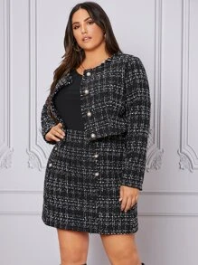 SHEIN Plus Plaid Pattern Tweed Jacket & Double Breasted Skirt - Black - View 3