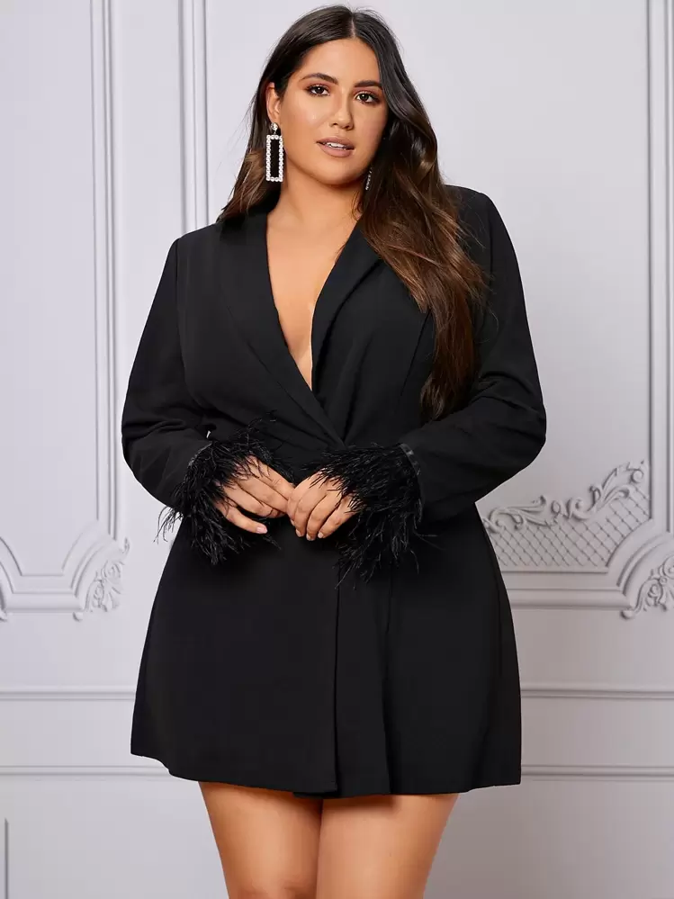 SHEIN Privé Plus Shawl Collar Fringe Trim Blazer Dress - Black - View 1