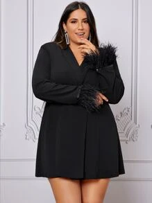 SHEIN Privé Plus Shawl Collar Fringe Trim Blazer Dress - Black - View 4
