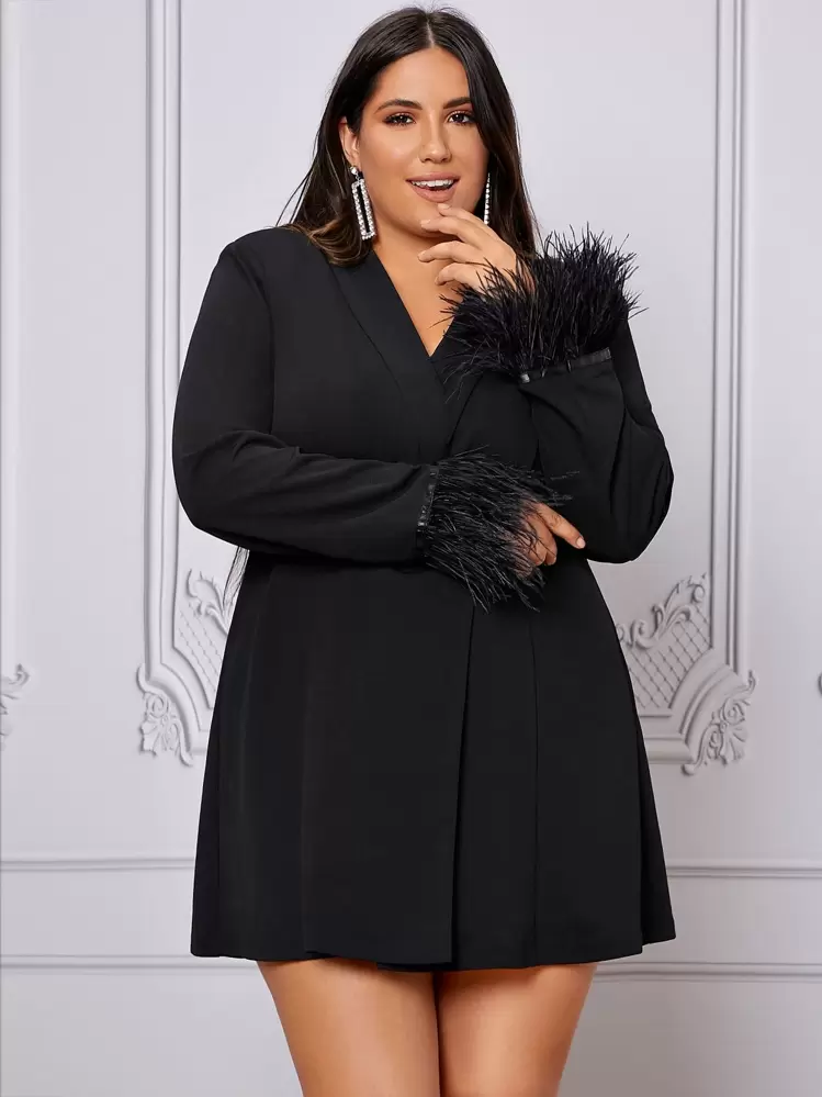 SHEIN Privé Plus Shawl Collar Fringe Trim Blazer Dress - Black - View 4