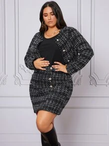 SHEIN Plus Plaid Pattern Tweed Jacket & Double Breasted Skirt - Black - View 6