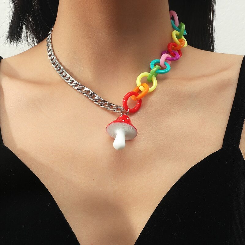 

Mushroom Pendant Chain Necklace, Multicolor