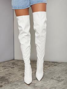 Pleather Pointed Toe Thigh-High Stiletto Boots - White - View 4
