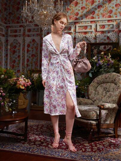 Julia Floral Print Plunge Neck Twist Front Split Thigh Dress