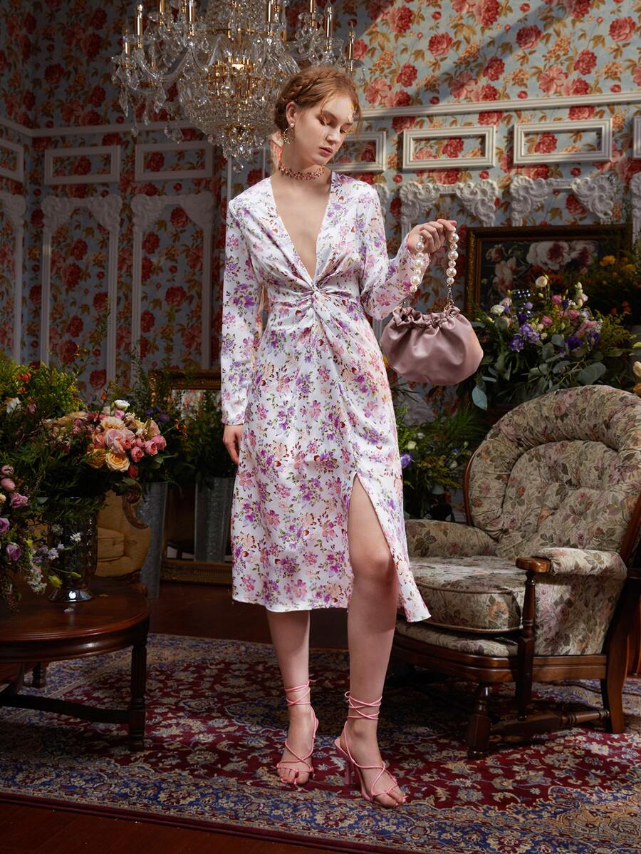 Julia Floral Print Plunging Neck Twist Front Split Thigh Dress - Multicolor - View 1