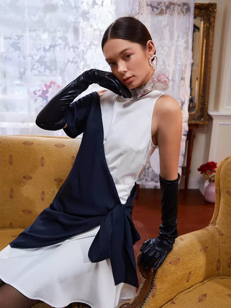 Veronica Mancini Two Tone Cut Out Wrap Knot Side Dress - Blue and White - View 4