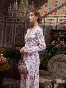 Julia Floral Print Plunging Neck Twist Front Split Thigh Dress - Multicolor - View 3