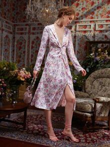 Julia Floral Print Plunging Neck Twist Front Split Thigh Dress - Multicolor - View 4