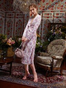 Julia Floral Print Plunging Neck Twist Front Split Thigh Dress - Multicolor - View 5