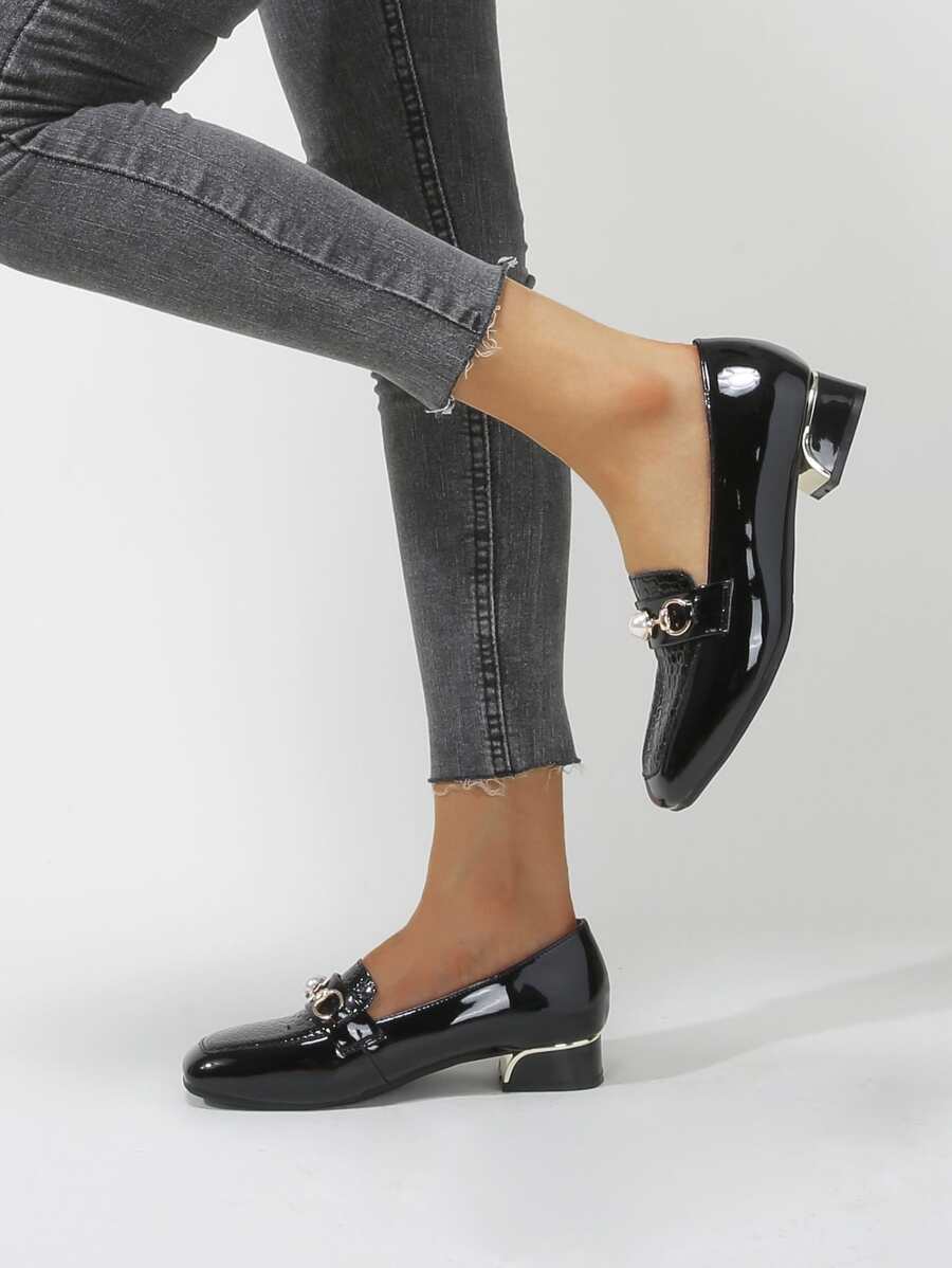 Trang trí Horsebit Hoa văn Cá sấu Giày đế bệt - màu đen - Xem 1