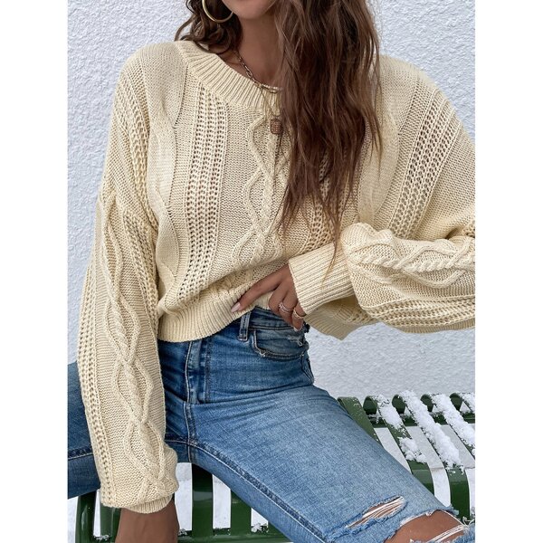 

Drop Shoulder Cable Knit Sweater, Apricot