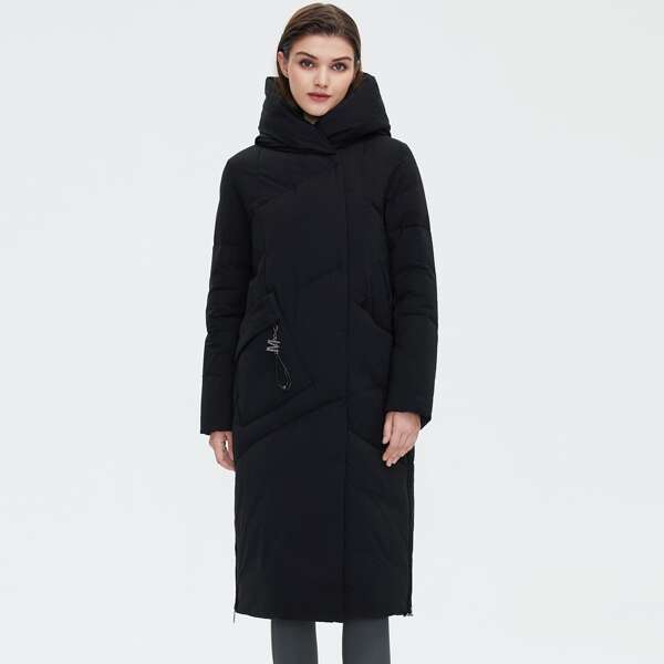 

Zip Up Drawstring Flap Pocket Patched Detail Hooded Winter Coat, Black