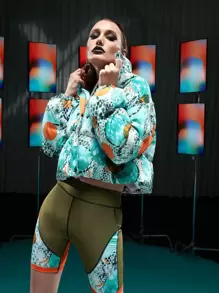 EBIB Graphic Print Top-stitching Colourblock Cycling Shorts - Multicolor - View 1