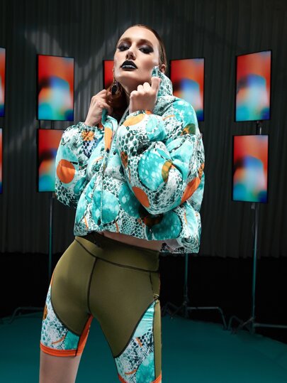 EBIB Graphic Print Top-stitching Colorblock Biker Shorts