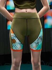 EBIB Graphic Print Top-stitching Colourblock Cycling Shorts - Multicolor - View 5