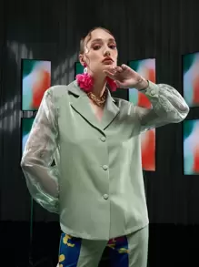 L’Mane Contrast Sheer Mesh Lantern Sleeve Blazer - Mint Green - View 1