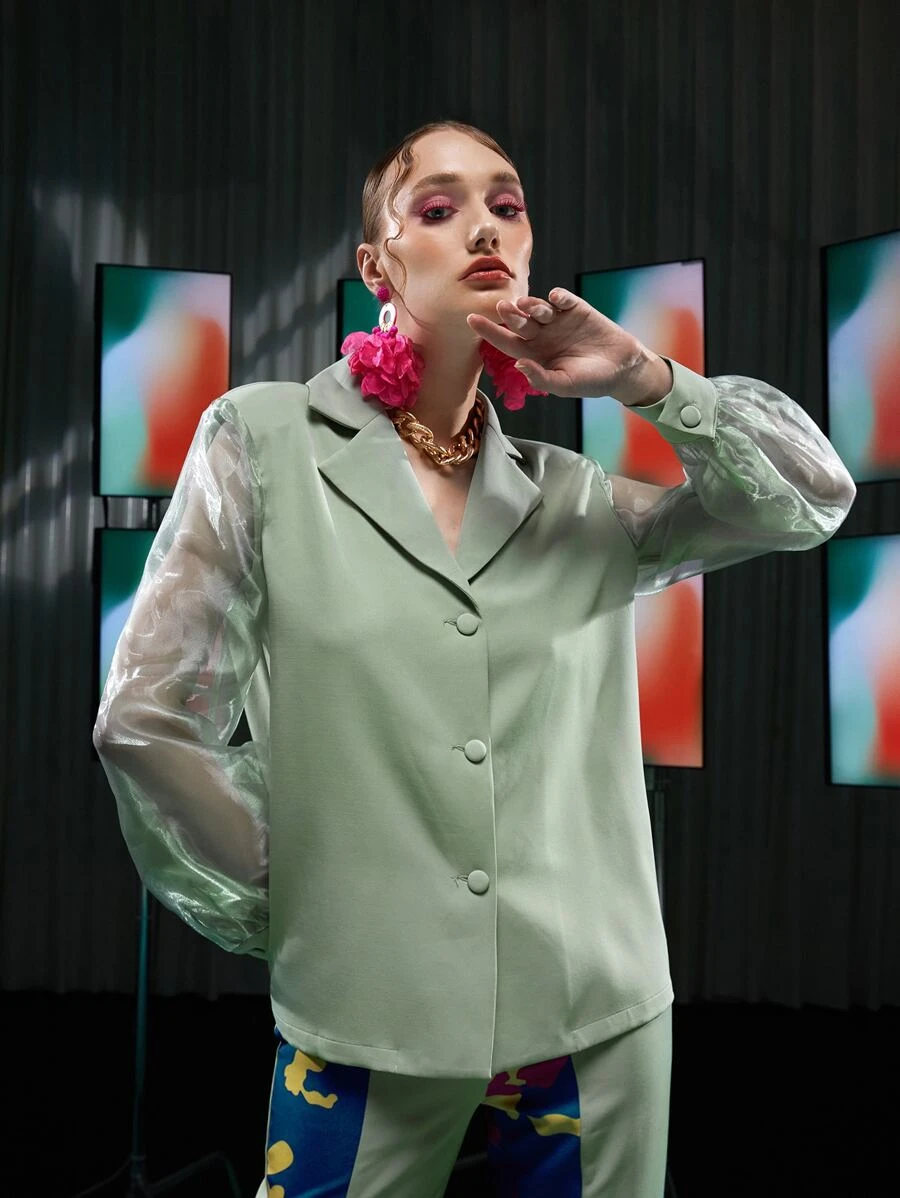 L’Mane Contrast Sheer Mesh Lantern Sleeve Blazer - Mint Green - View 1