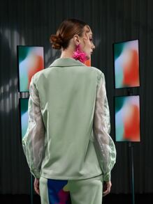 L’Mane Contrast Sheer Mesh Lantern Sleeve Blazer - Mint Green - View 2