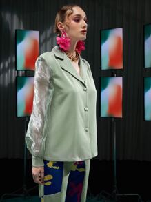 L’Mane Contrast Sheer Mesh Lantern Sleeve Blazer - Mint Green - View 3