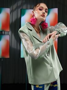 L’Mane Contrast Sheer Mesh Lantern Sleeve Blazer - Mint Green - View 5