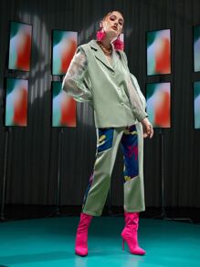 L’Mane Contrast Sheer Mesh Lantern Sleeve Blazer - Mint Green - View 6