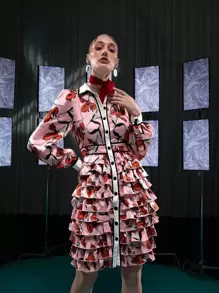 Sylvia Mollie Floral Print Contrast Binding Layered Ruffle Hem Dress - Multicolor - View 1