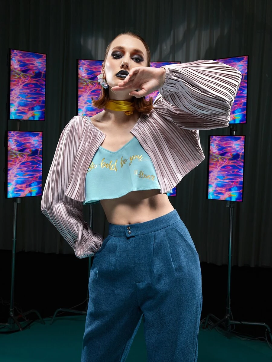 MY-DOLLS Áo khoác nữ Xếp li màu trơn Giải trí - Bụi tím - Xem 1