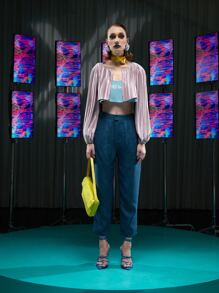 MY-DOLLS Áo khoác nữ Xếp li màu trơn Giải trí - Bụi tím - Xem 3