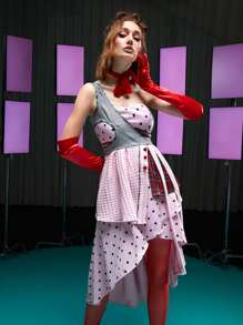 LI WEN 格紋波卡圓點單肩不對稱下擺連衣裙 - 淺粉色 - 查看 1