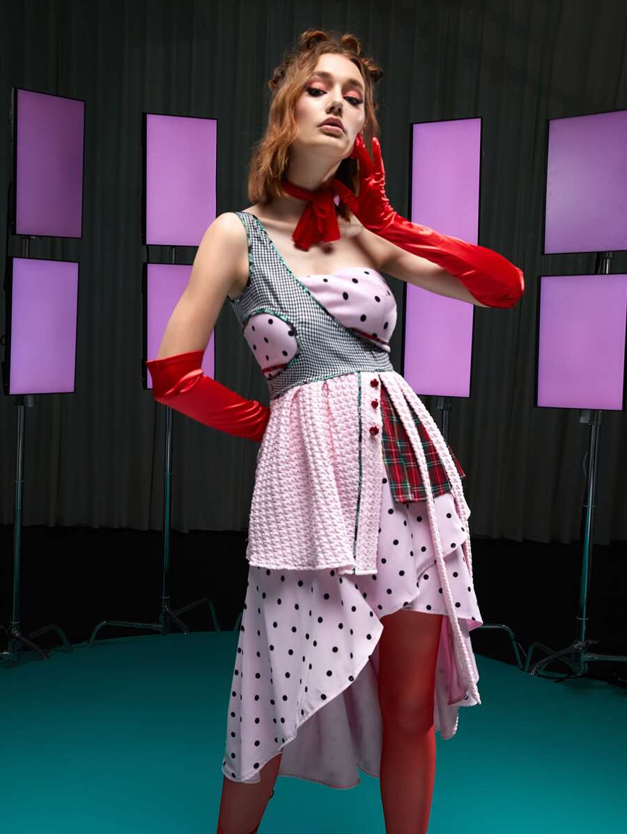 LI WEN 格紋波卡圓點單肩不對稱下擺連衣裙 - 淺粉色 - 查看 1