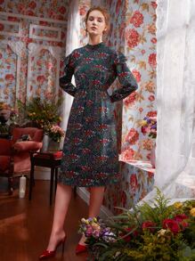 Maja Tomljanovic Floral Print Mock Neck Ruffle Trim Dress - Multicolor - View 5