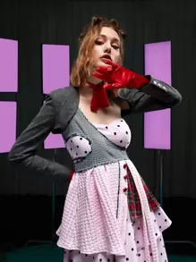 LI WEN Plaid Open Front Super Crop Bolero Jacket