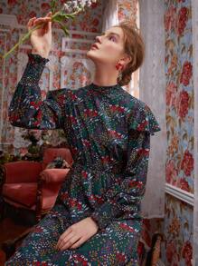 Maja Tomljanovic Floral Print Mock Neck Ruffle Trim Dress - Multicolor - View 6