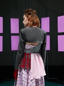 LI WEN Plaid Open Front Super Crop Bolero Jacket