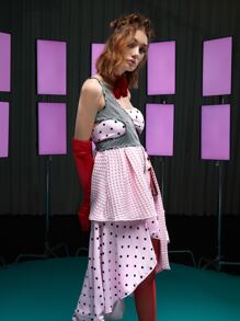 LI WEN 格紋波卡圓點單肩不對稱下擺連衣裙 - 淺粉色 - 查看 3