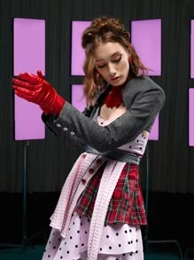 LI WEN Plaid Open Front Super Crop Bolero Jacket