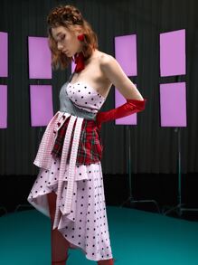 LI WEN 格紋波卡圓點單肩不對稱下擺連衣裙 - 淺粉色 - 查看 4