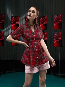 LI WEN Button Front Plaid Blouse - Multicolor - View 1