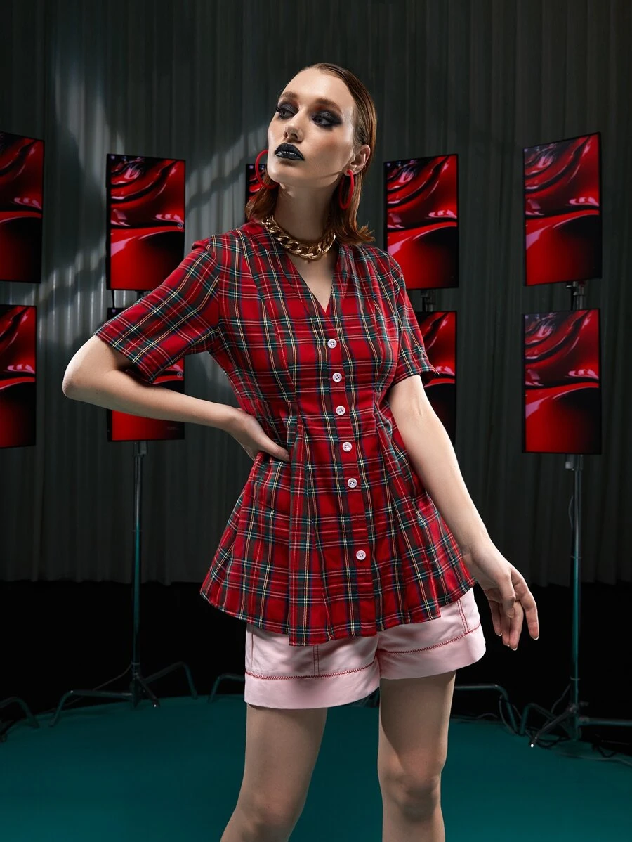 LI WEN Button Front Plaid Blouse - Multicolor - View 1