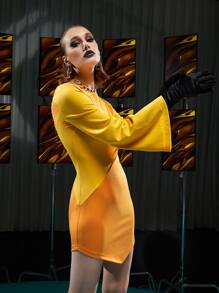 Ishaarah Two Tone Trumpet Sleeve Hanky Hem Bodycon Dress - Multicolor - View 3