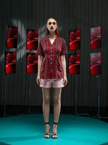 LI WEN Button Front Plaid Blouse - Multicolor - View 3