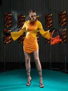 Ishaarah Two Tone Trumpet Sleeve Hanky Hem Bodycon Dress - Multicolor - View 4