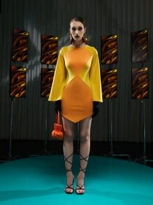 Ishaarah Two Tone Trumpet Sleeve Hanky Hem Bodycon Dress - Multicolor - View 5