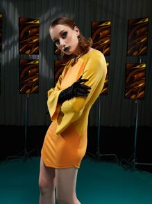 Ishaarah Two Tone Trumpet Sleeve Hanky Hem Bodycon Dress - Multicolor - View 6