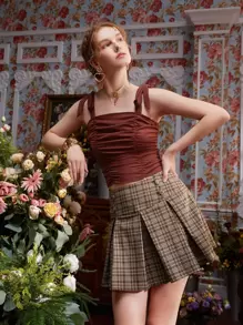 Leslie Samano Ruched Tie Shoulder Crop Cami Top - Chocolate Brown - View 1