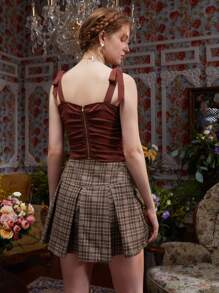 Leslie Samano Ruched Tie Shoulder Crop Cami Top - Chocolate Brown - View 2