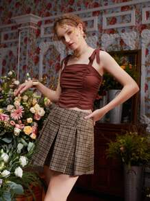 Leslie Samano Ruched Tie Shoulder Crop Cami Top - Chocolate Brown - View 4