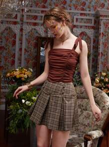 Leslie Samano Ruched Tie Shoulder Crop Cami Top - Chocolate Brown - View 5